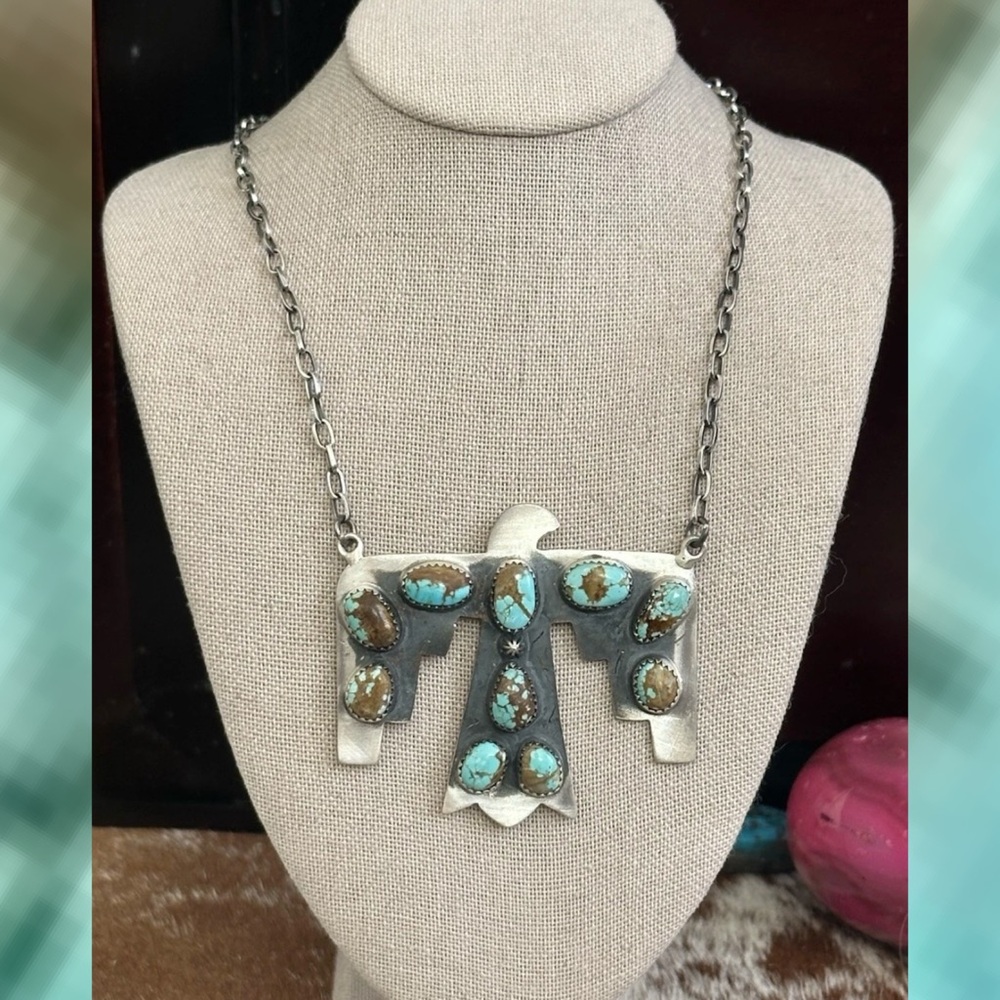 Number 8 Turquoise Thunderbird Southwestern Statement Sterling Silver Necklace
